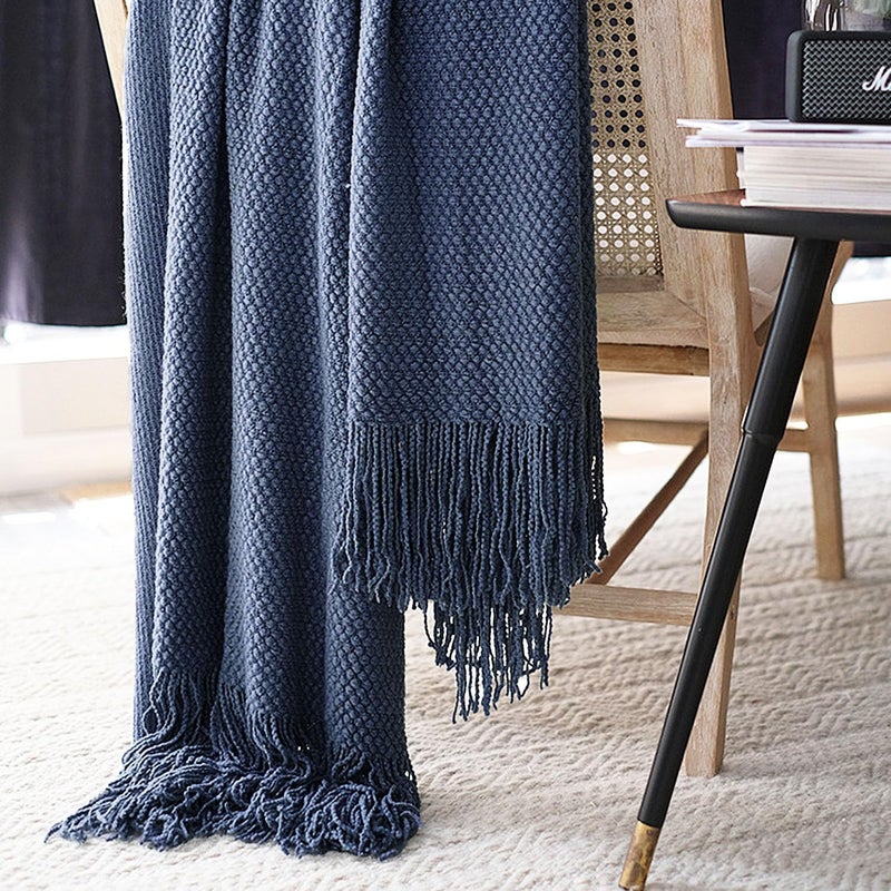 LOMAO Knitted Throw Blanket with Tassels Bubble Textured Lightweight Soft Throws for Couch Cover Home Decor (Navy, 50x60) - Image 5